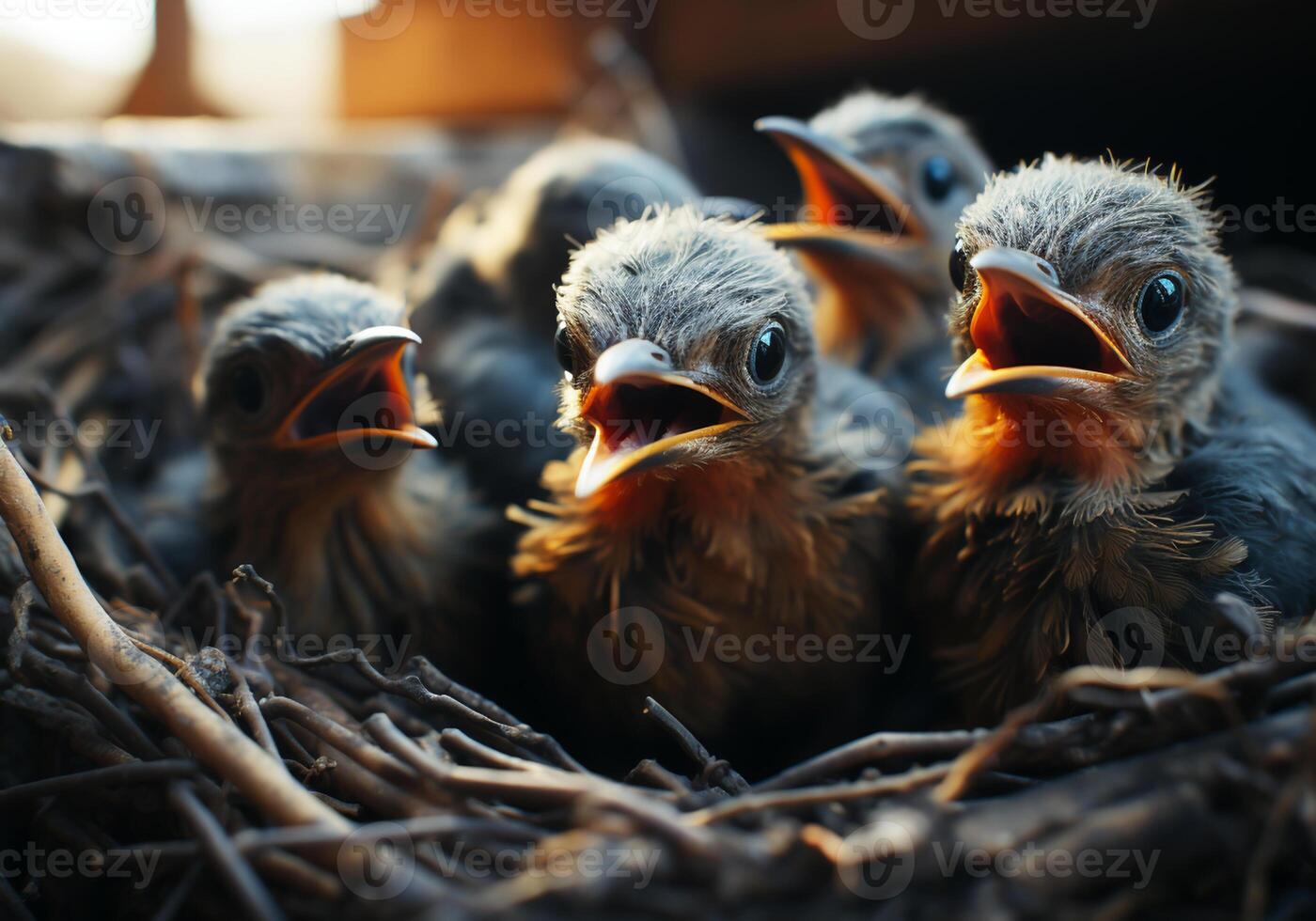 AI generated Little birds in the nest waiting to be fed. Animals in wild life. photo