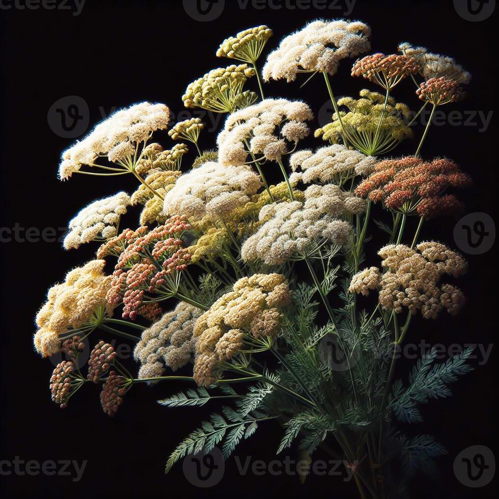 AI generated Achillea millefolium isolated on black background. Flowers and plants in spring. photo