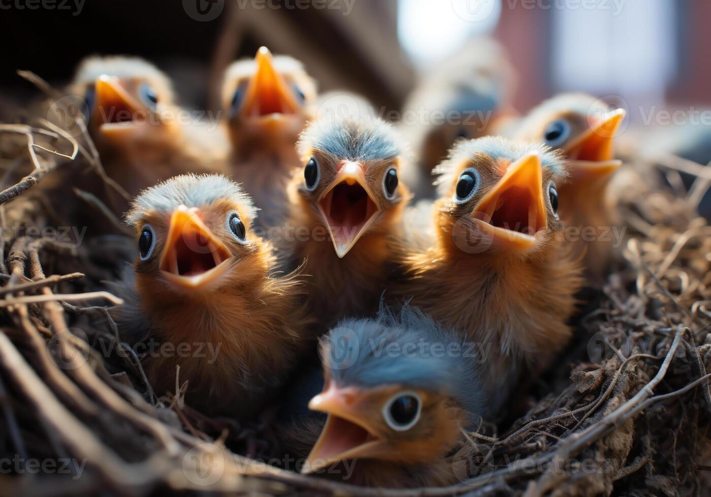 AI generated Little birds in the nest waiting to be fed. Animals in wild life. photo