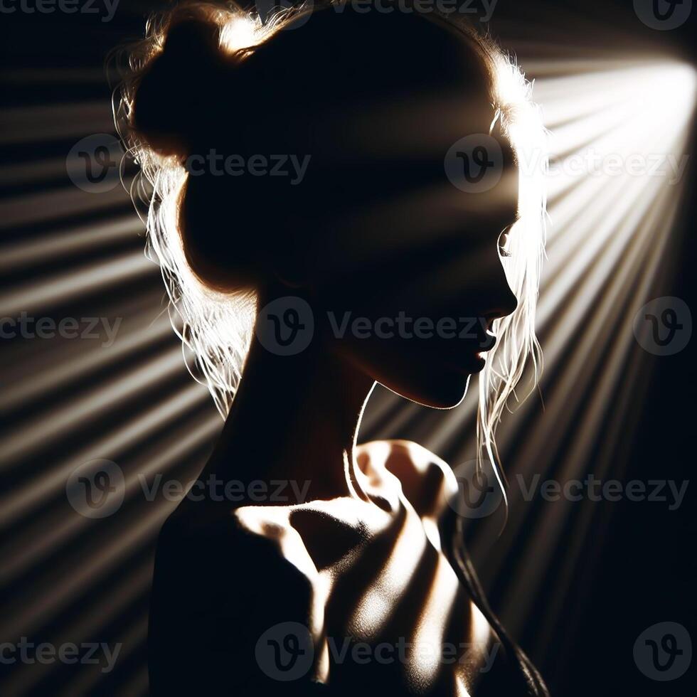 AI generated Silhouette of woman with sunlight streaming through the window photo