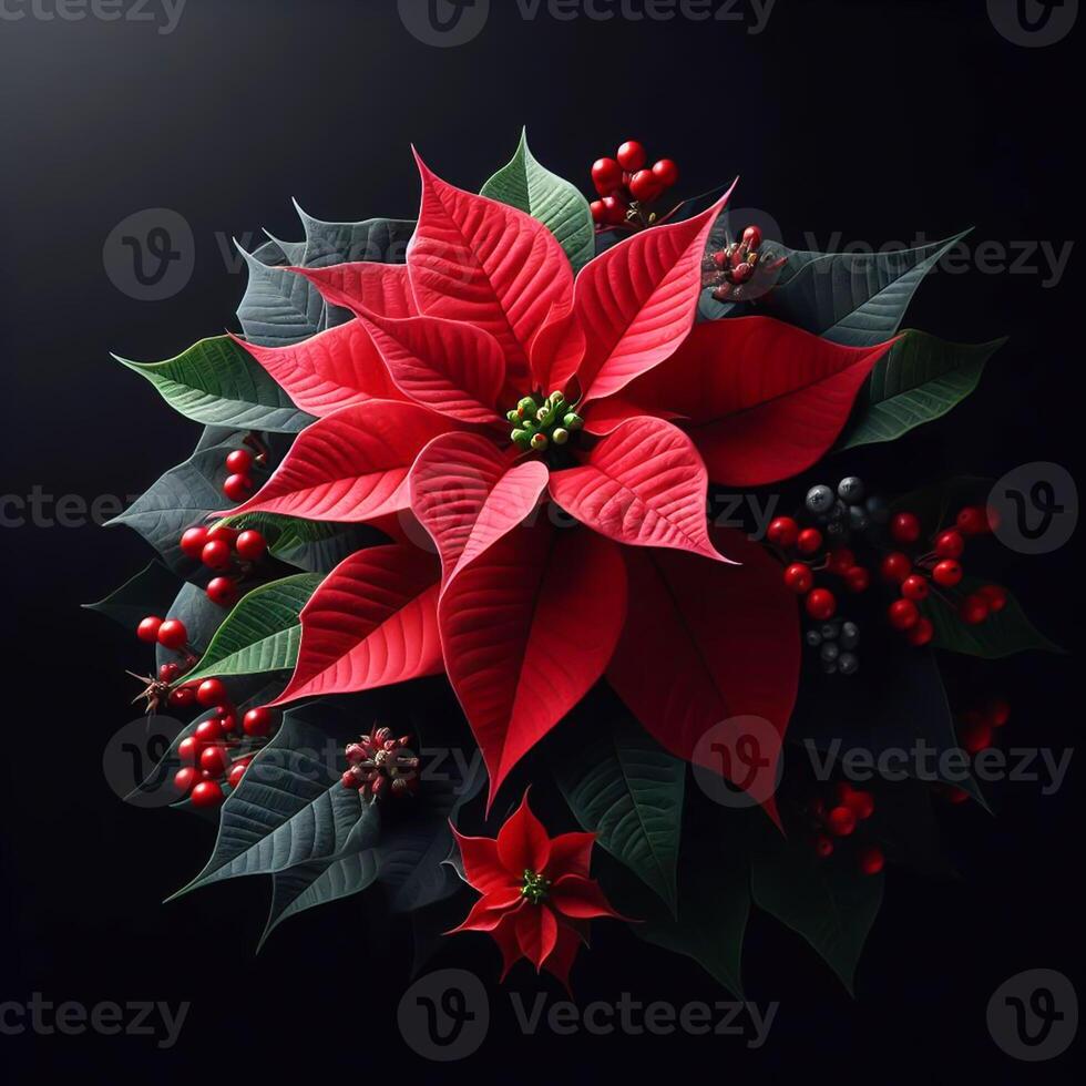 AI generated Poinsettia isolated on black background. Flowers and plants. photo