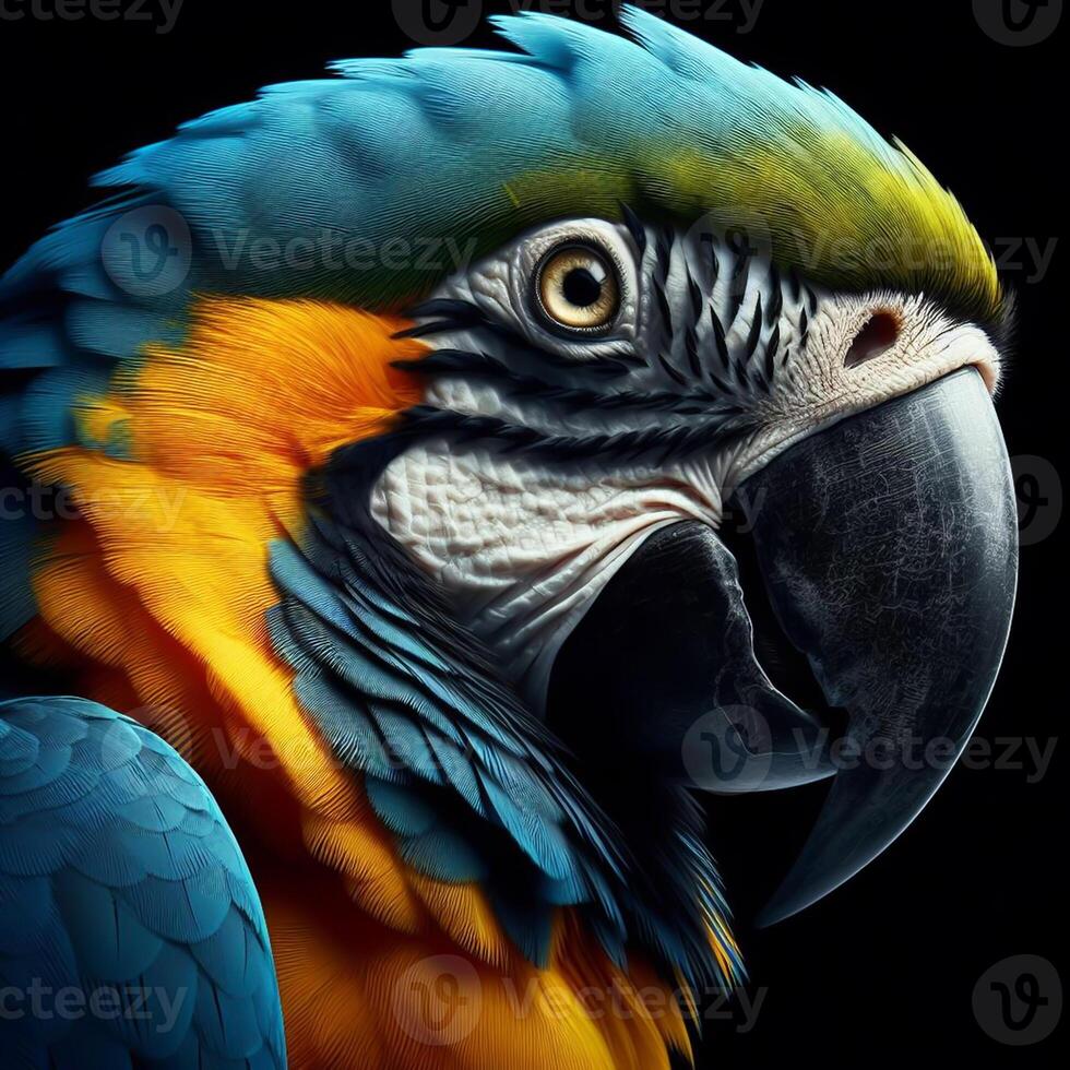 AI generated Realistic closeup of parrot isolated on black background. Wildlife. photo