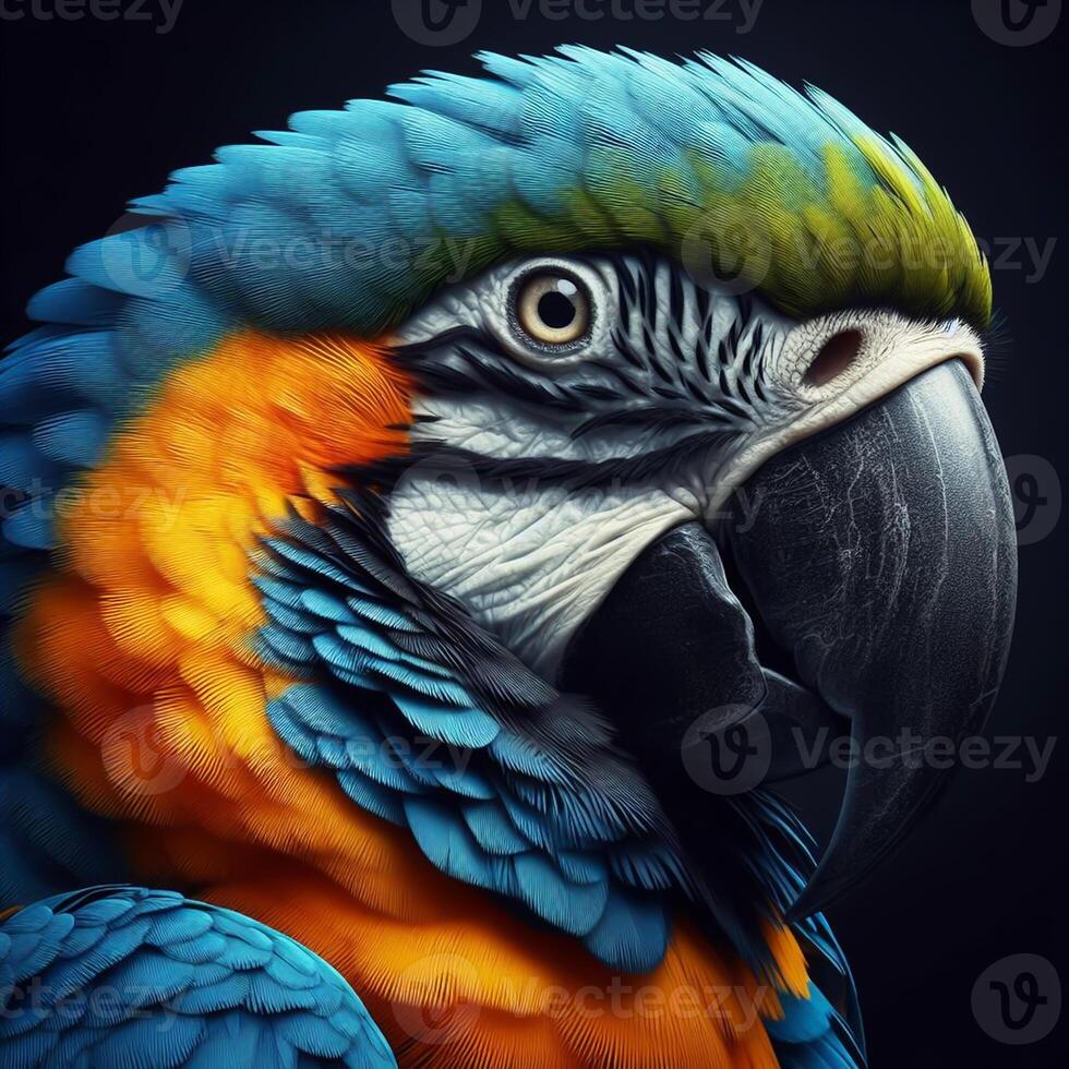 AI generated Realistic closeup of parrot isolated on black background. Wildlife. photo