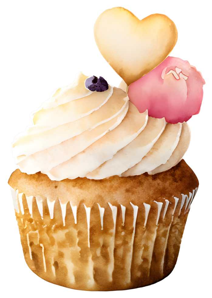 AI generated Watercolor and painting cupcake sweet cream with pink heart topping on transparent. Valentine day holiday concept png