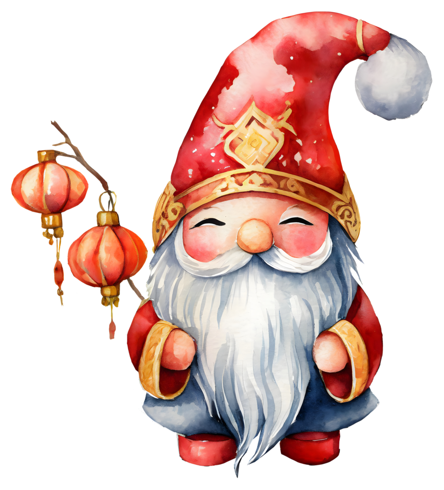 AI generated Watercolor and painting cute Gnome dress in Chinese clothing with red lantern on transparent. Chinese new year holiday concept png