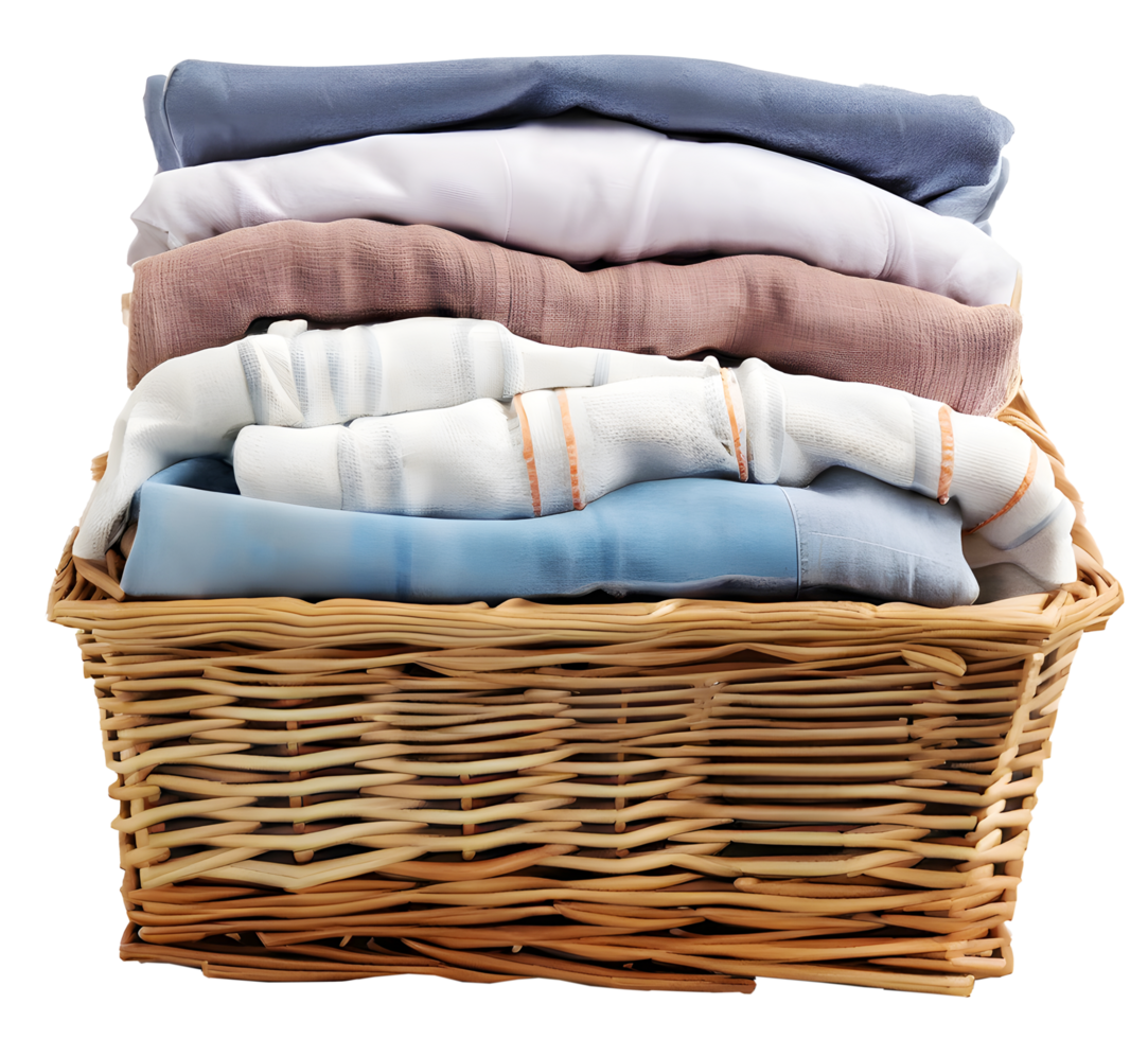 AI generated Wicker laundry in woven basket for clean clothes on transparent png