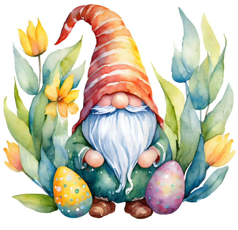 AI generated Watercolor and painting cute Gnome with colorful eggs on transparent. Easter day holiday concept png