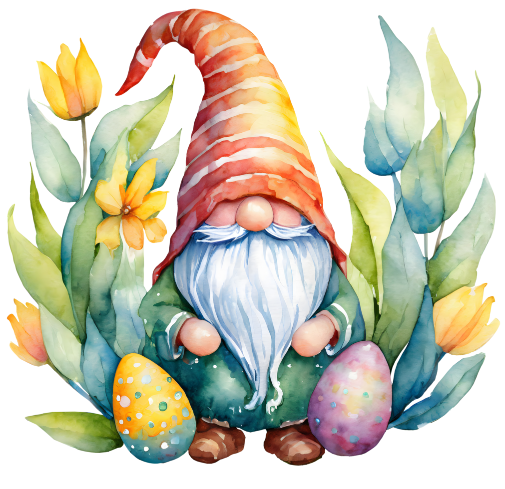 ai generado acuarela y pintura linda gnomo con vistoso huevos en transparente. Pascua de Resurrección día fiesta concepto png