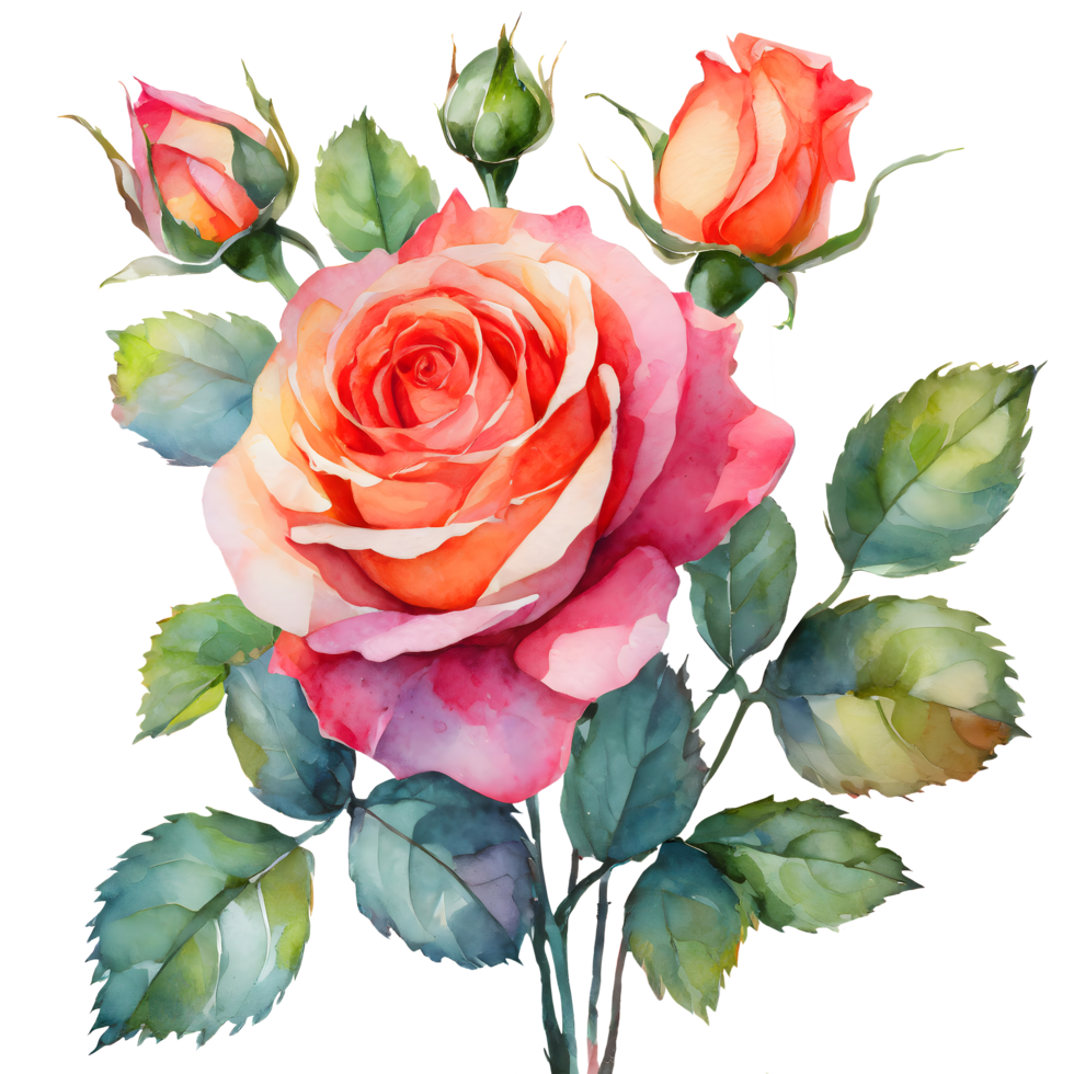 ai generado acuarela y pintura rosado floreciente y brote Rosa flores en transparente. enamorado día fiesta concepto png