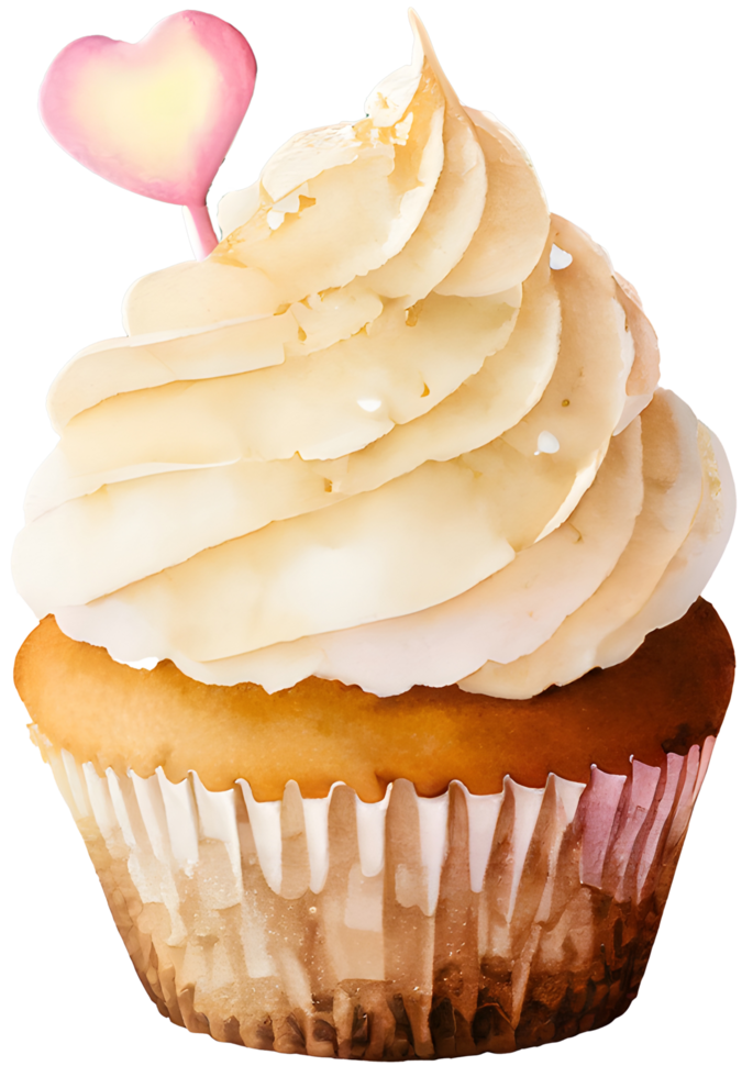 AI generated Watercolor and painting cupcake sweet cream with pink heart topping on transparent. Valentine day holiday concept png