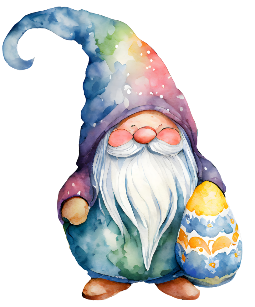 ai genererad vattenfärg och målning söt gnome med färgrik ägg på transparent. påsk dag Semester begrepp png