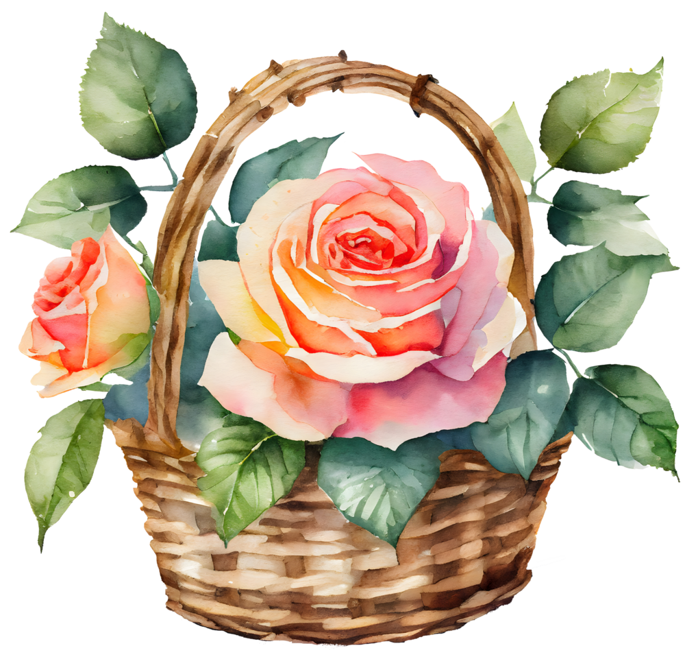 ai généré aquarelle et La peinture rose Rose fleurs dans tissé panier sur transparent. Valentin journée vacances concept png