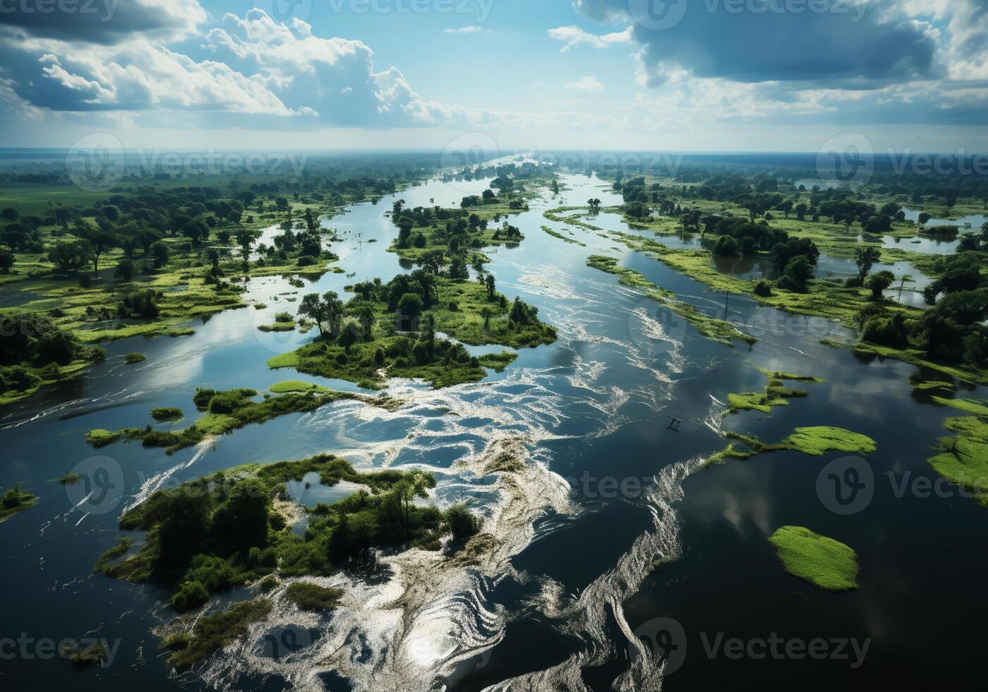 AI generated Rural fields flooded after a big storm with lots of rain. Climate change photo