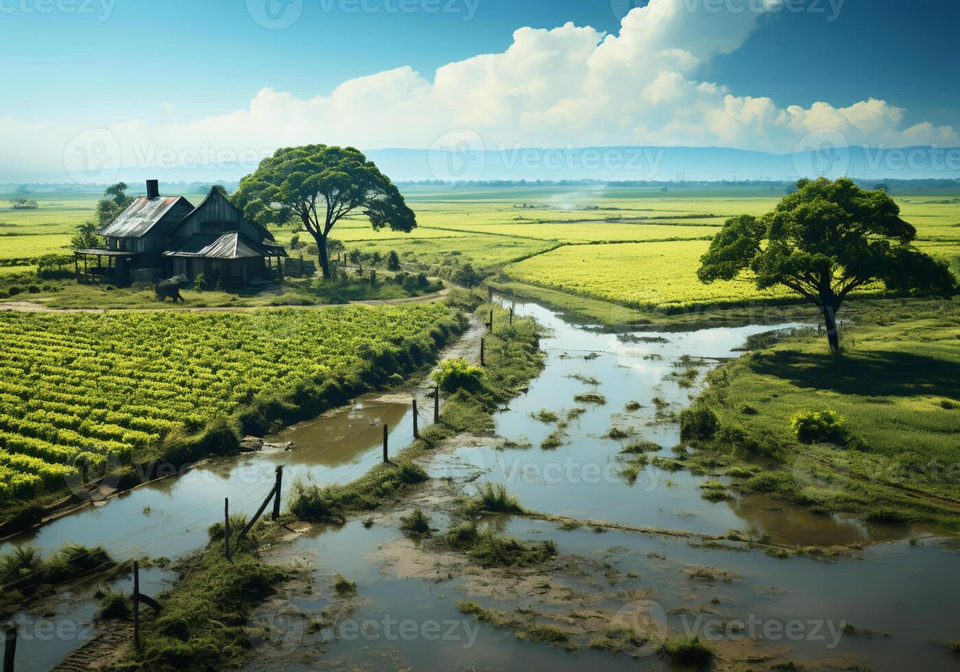 AI generated Rural fields flooded after a big storm with lots of rain. Climate change photo