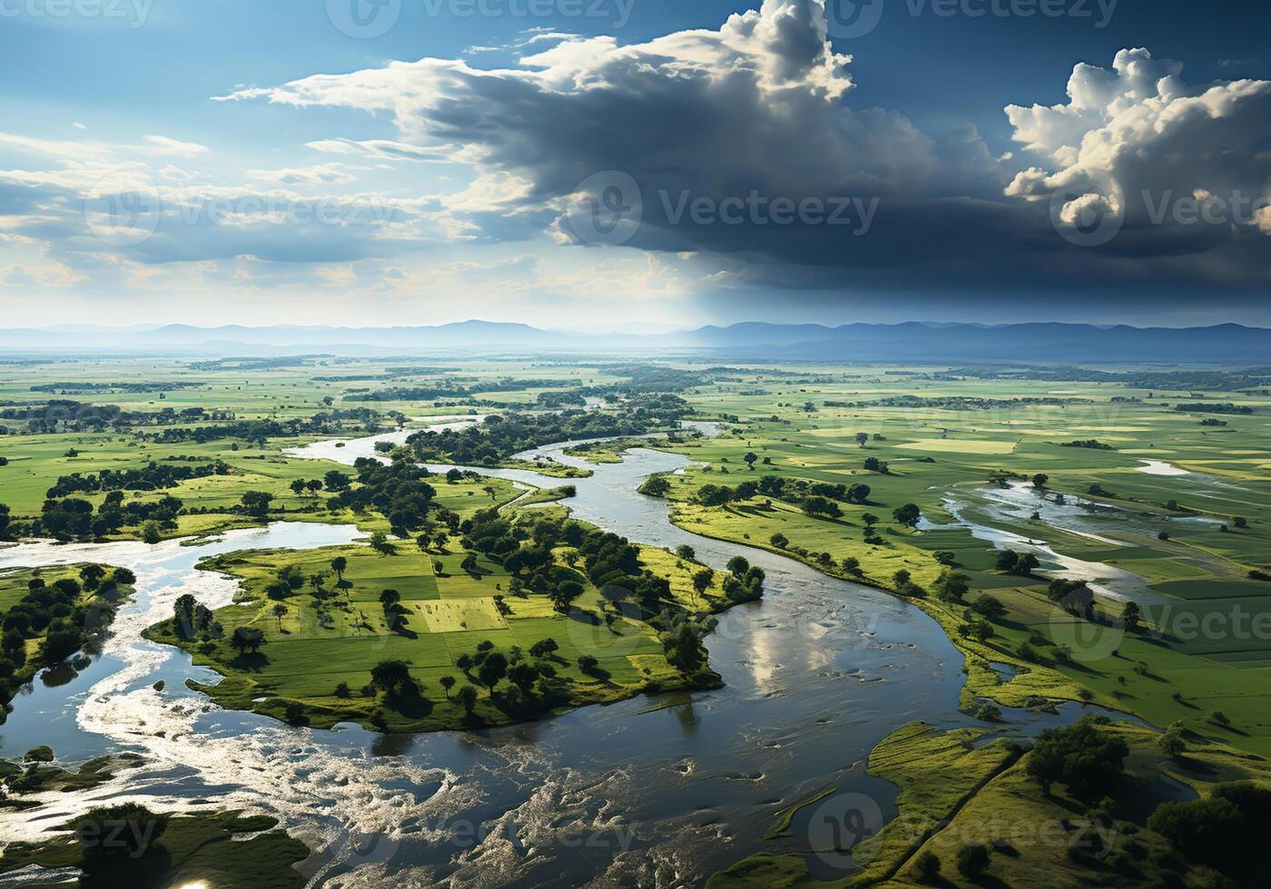 AI generated Rural fields flooded after a big storm with lots of rain. Climate change photo