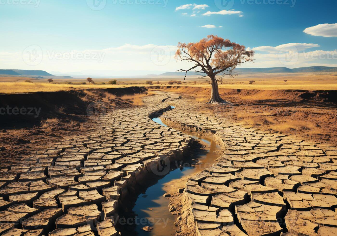 ai generado seco tierra, con árido y agrietado suelo porque de sequía, debido a clima cambio foto