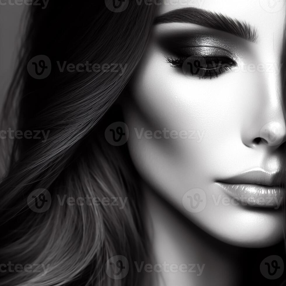 AI generated Portrait of woman's face with captivating elegant style and soft makeup. photo