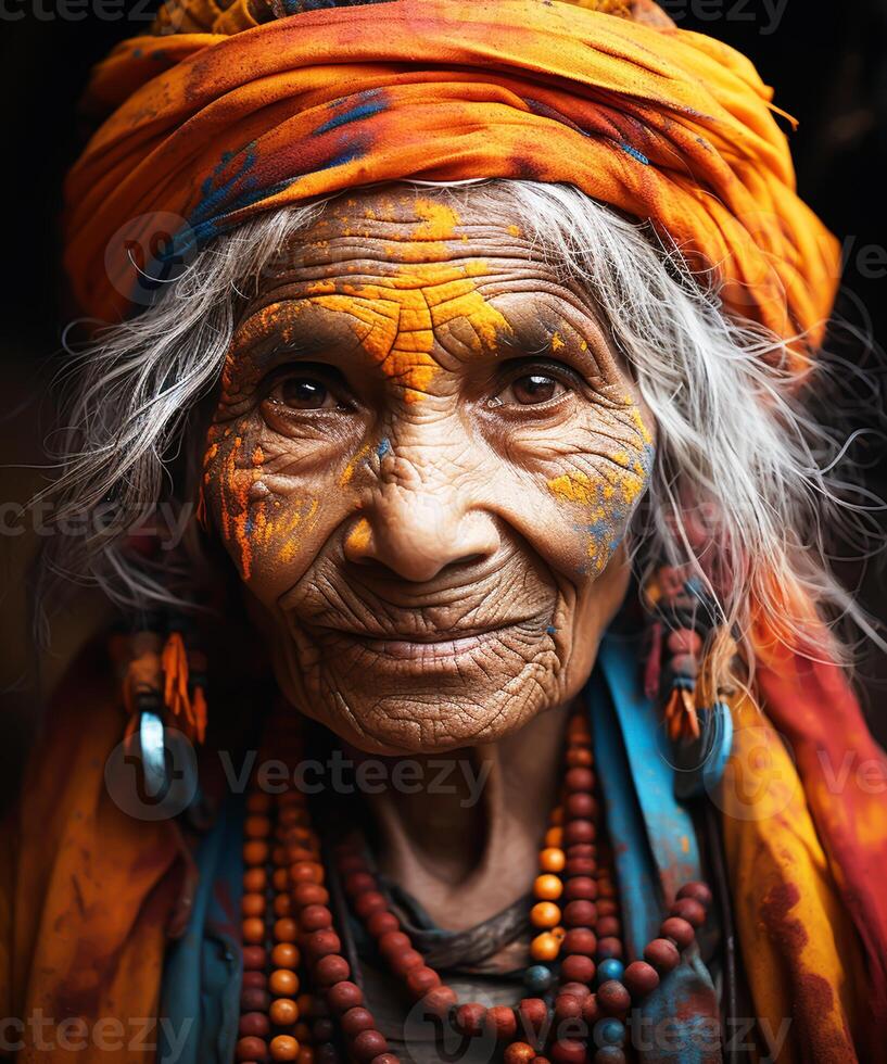 AI generated Portrait of serious Indian woman at Holi Festival in India. Traditions and culture. photo