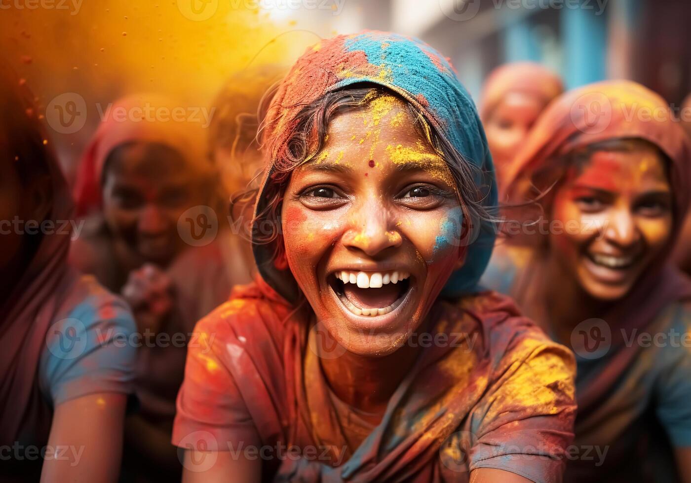 AI generated Happy people at the Holi Festival in India. Traditions and culture. photo