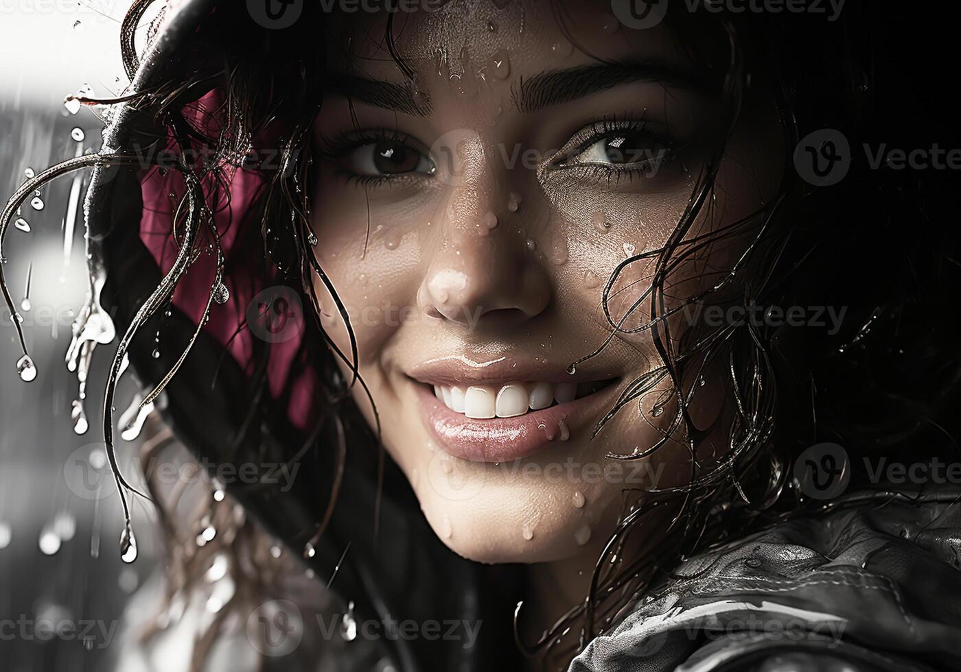 AI generated Portrait of beautiful woman under heavy rain. Rainy weather. photo