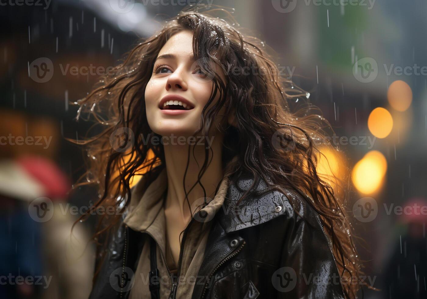 AI generated Portrait of beautiful woman under heavy rain. Rainy weather. photo