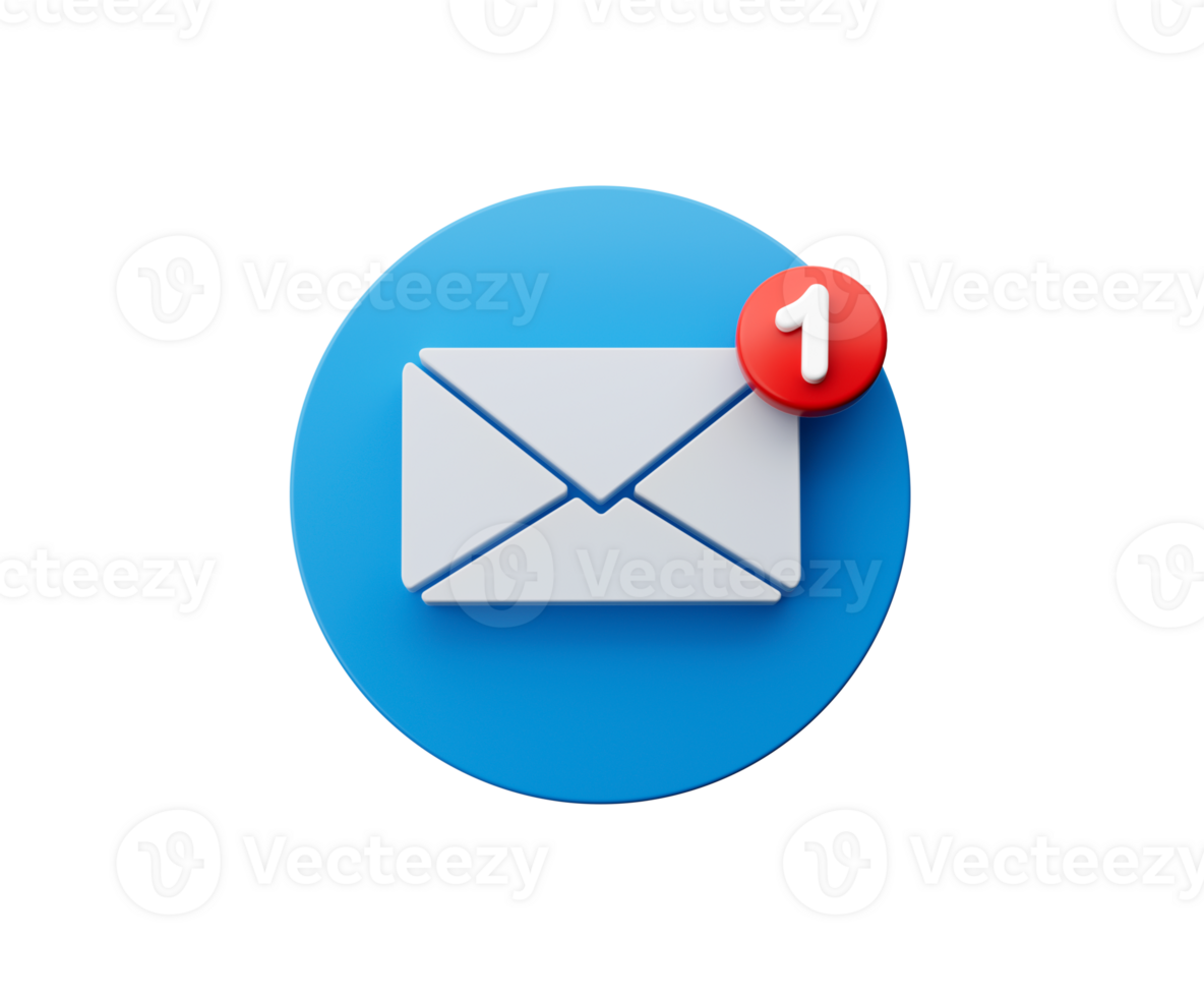 White envelope and the letter 1 on Red circle. Mail icon. 3d illustration png