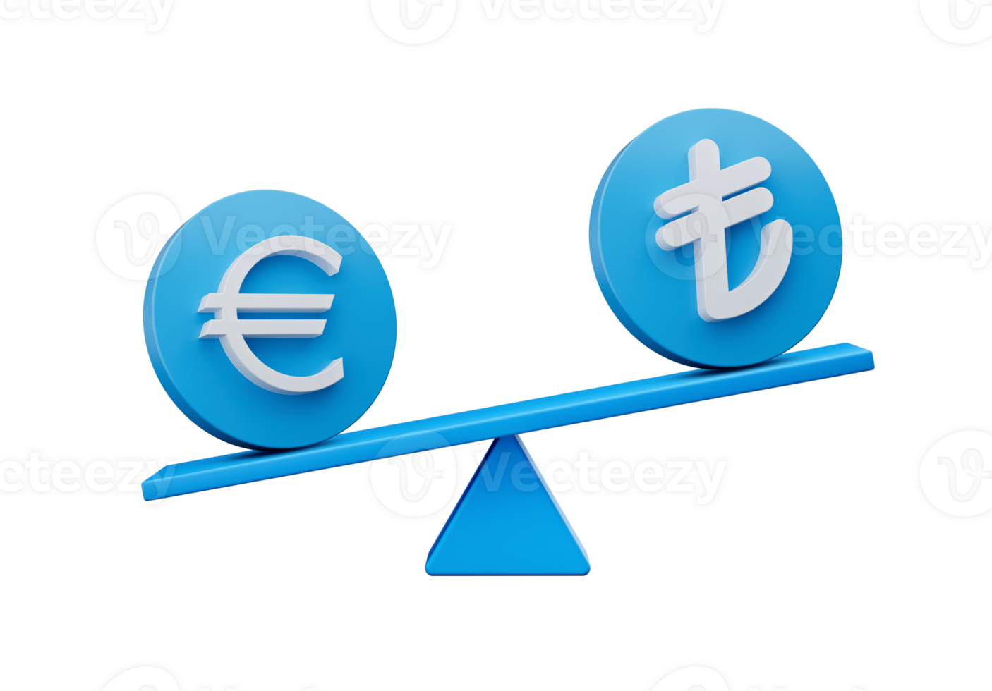 3d wit euro en lire symbool Aan afgeronde blauw pictogrammen met 3d balans gewicht wip, 3d illustratie png