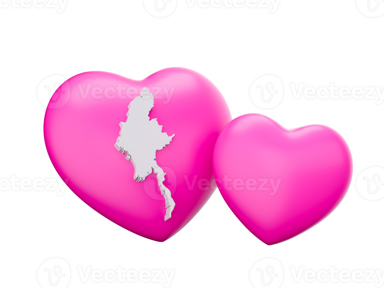 3d Shiny Pink Hearts With 3d White Map Of Burma Myanmar 3d illustration png