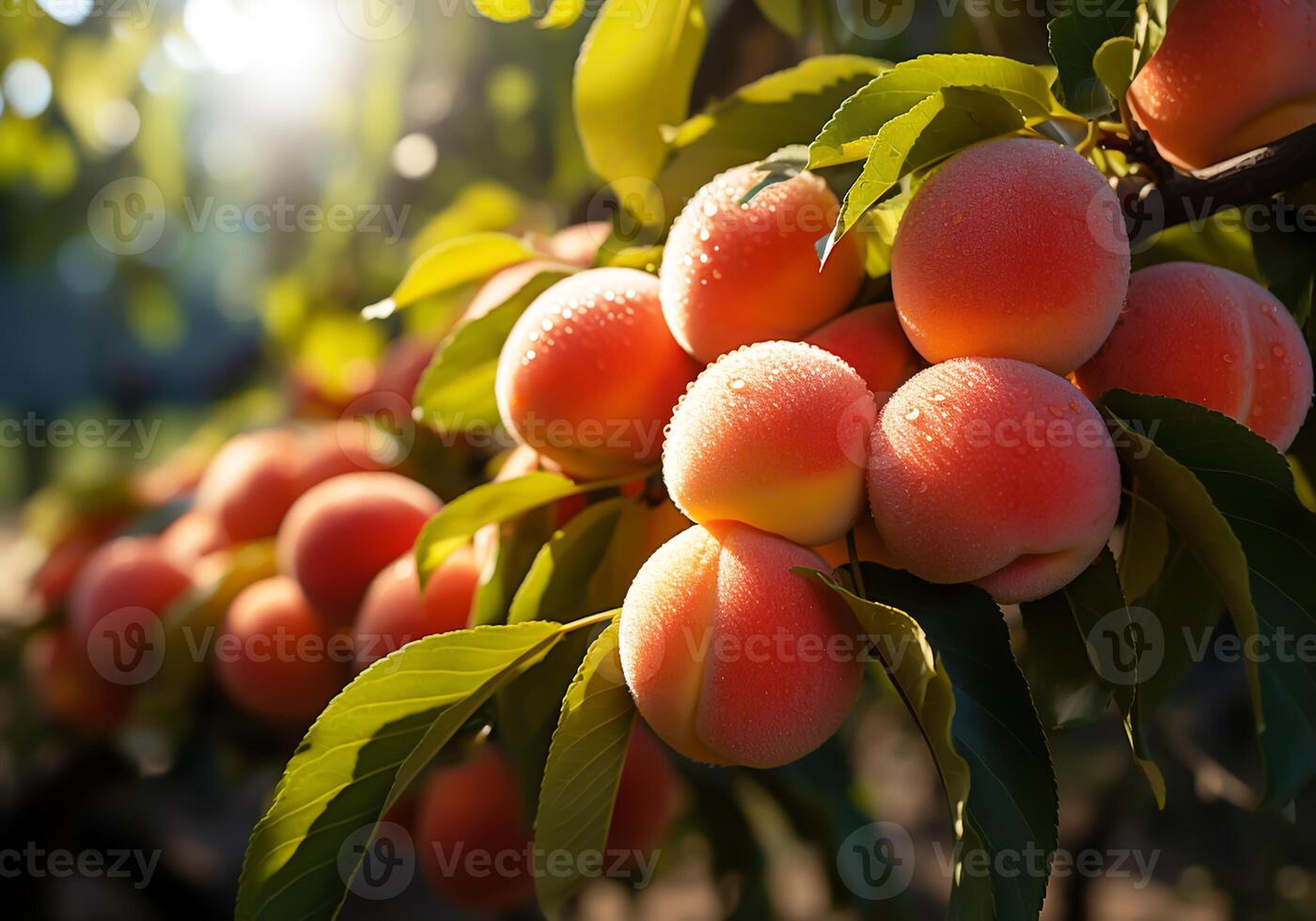 AI generated Ripe and juicy peaches hanging on tree. Healthy food. photo