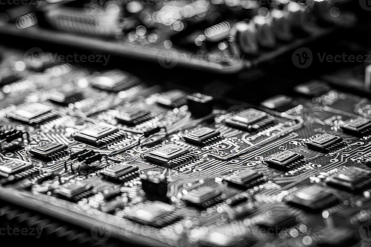 Computer processor and motherboard, microchip details close view. Hi-tech innovation background photo