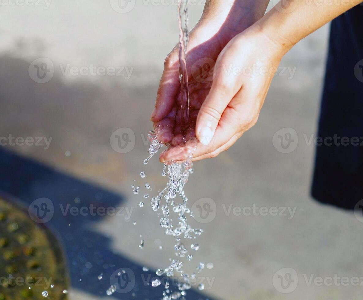 Hands wash procedure, cleaning hands with soap from viruses and contamination. Wash hands before dinner photo