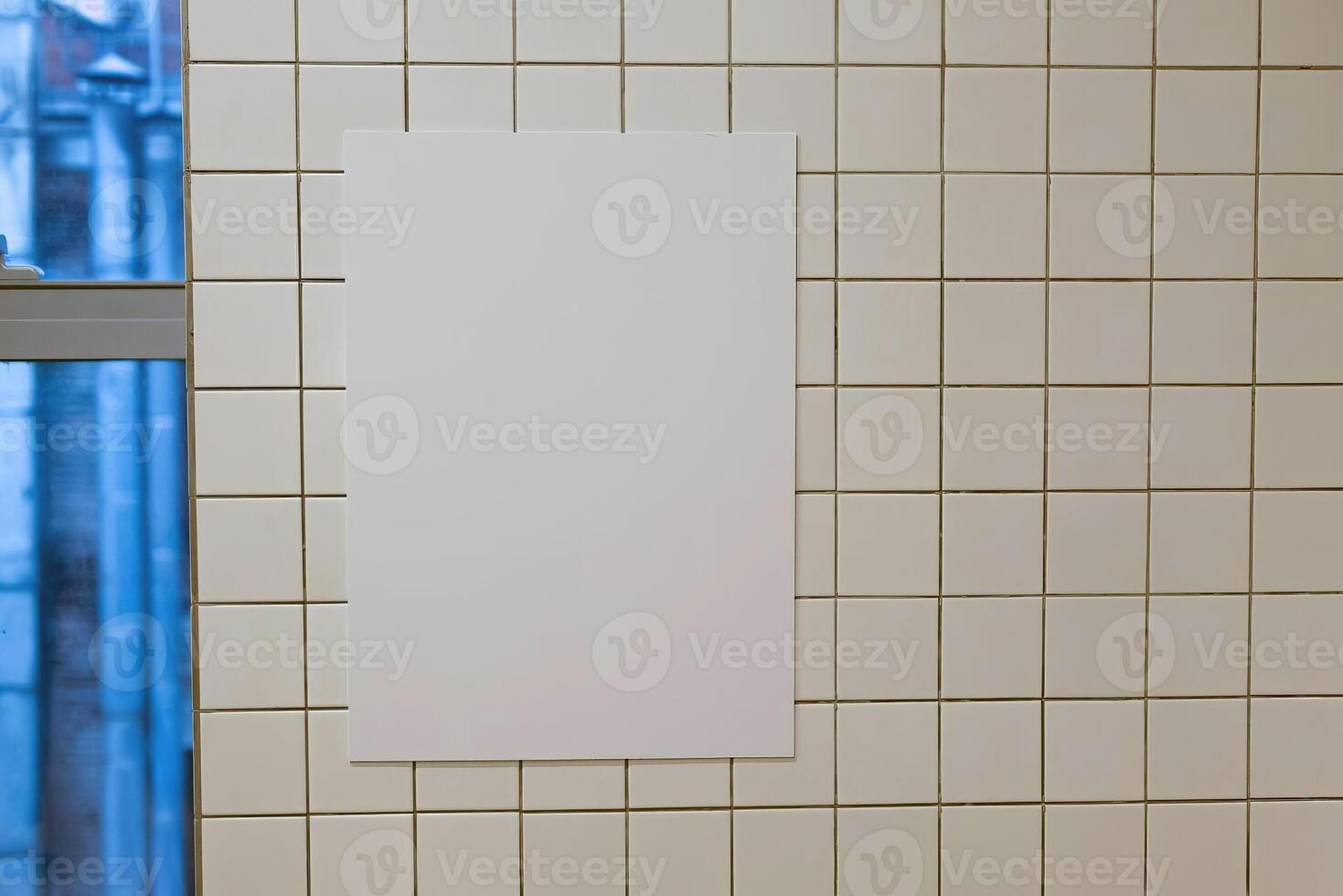 Empty paper picture mockup, simple blank sheet of paper on the wall template photo