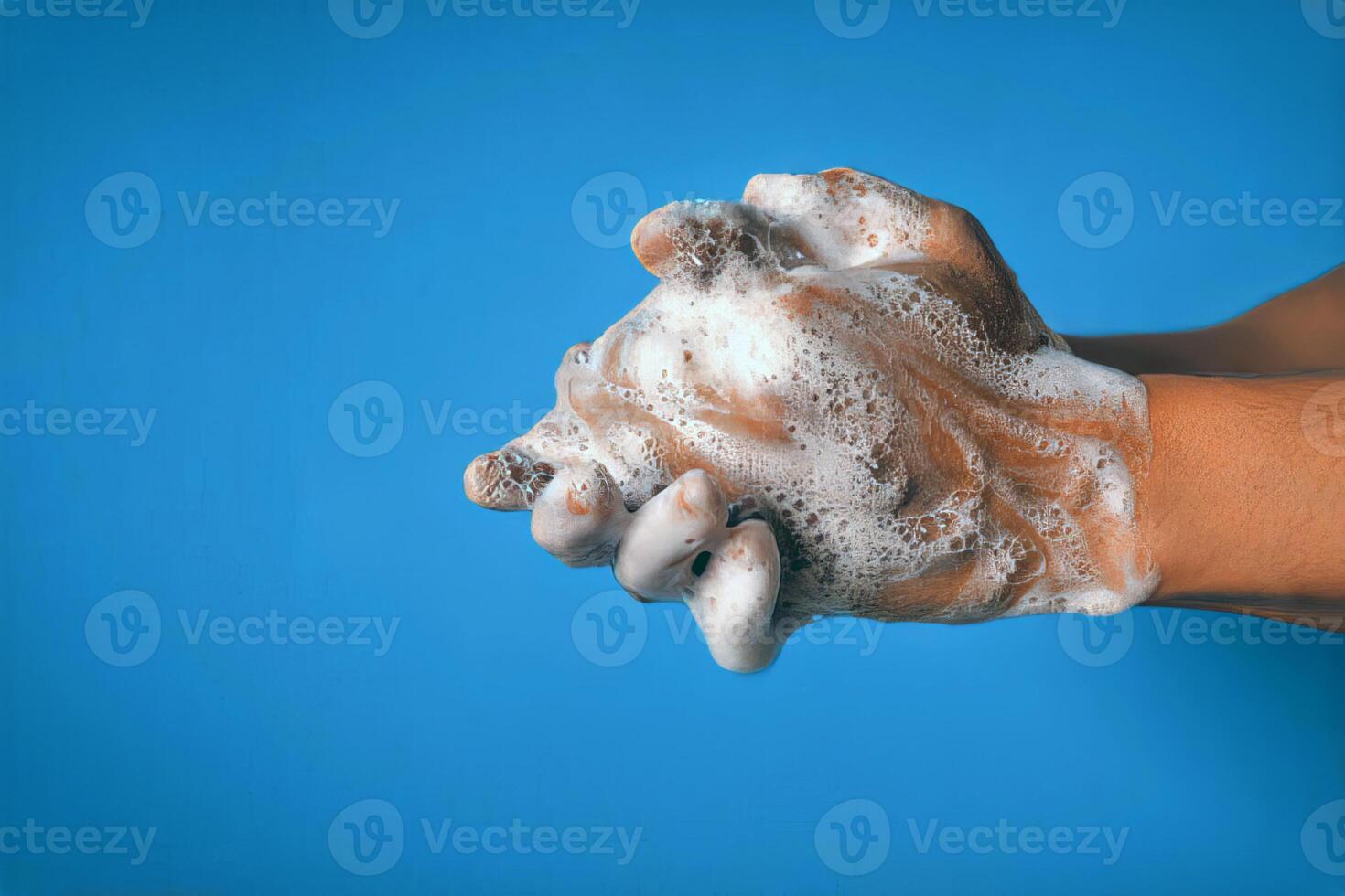 Hands wash procedure, cleaning hands with soap from viruses and contamination. Wash hands before dinner photo