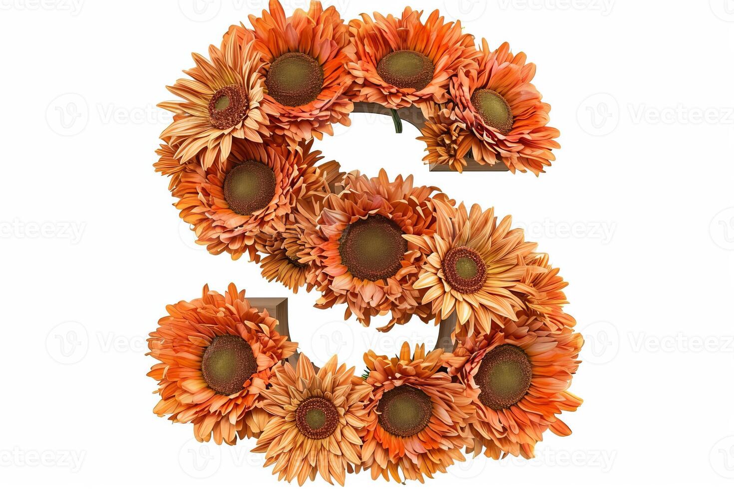 AI generated 3d sunflower letter s in modern style on white background for design and typography photo