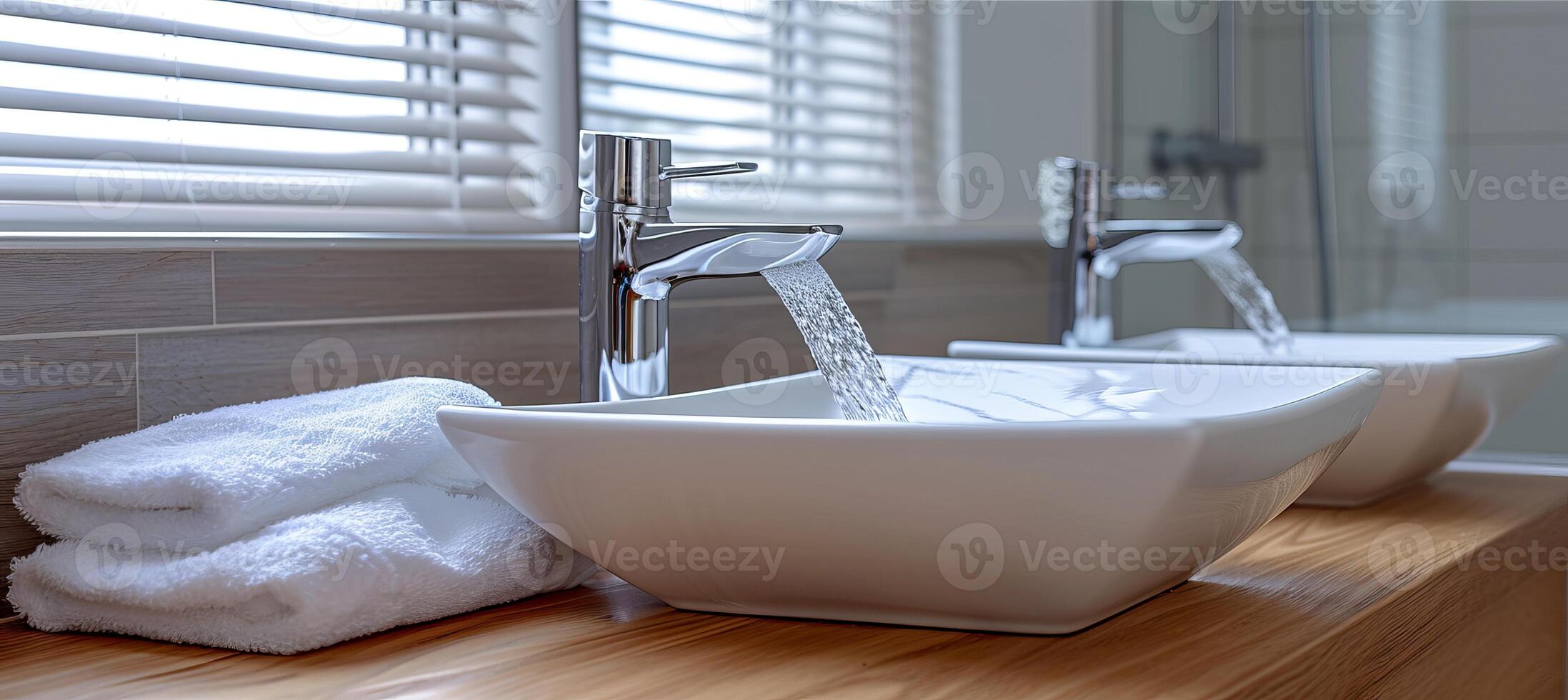 AI generated Modern minimalist bathroom with white square vessel sink and chrome faucet running water photo