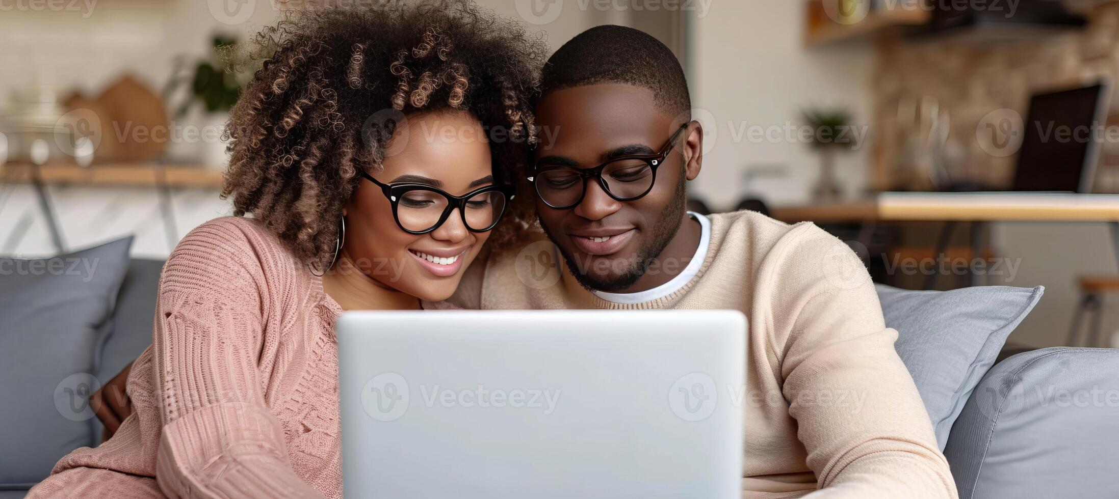 AI generated Multiracial young couple enjoying quality time watching laptop on cozy sofa at home photo