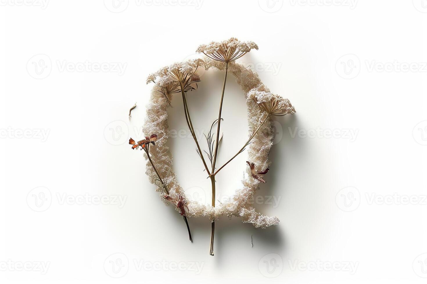 AI generated Queen anne s lace flower letter  q  in modern 3d style isolated on white background photo