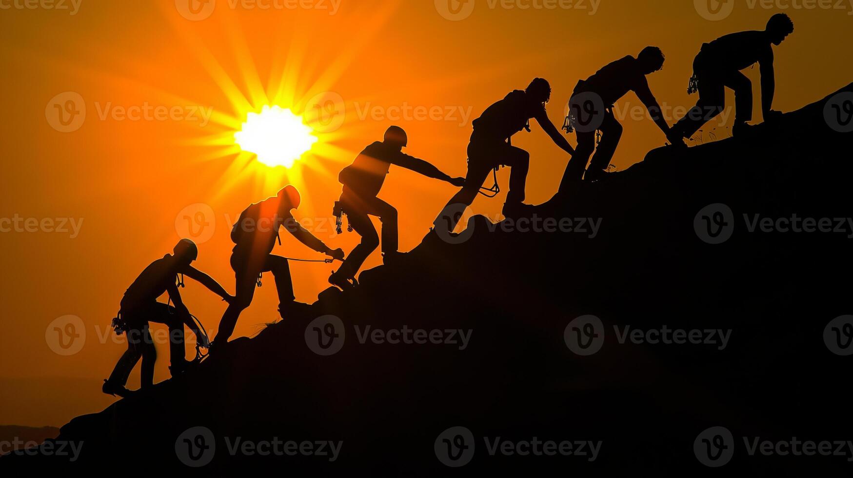 AI generated Determined friends climbing together to reach the summit of the mountain as a team photo