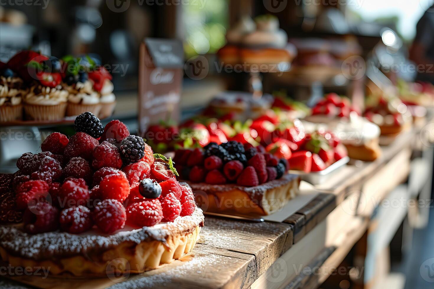 ai generado elegante pastelería brumoso borroso bokeh antecedentes con gastrónomo postres y especialidad café bebidas foto