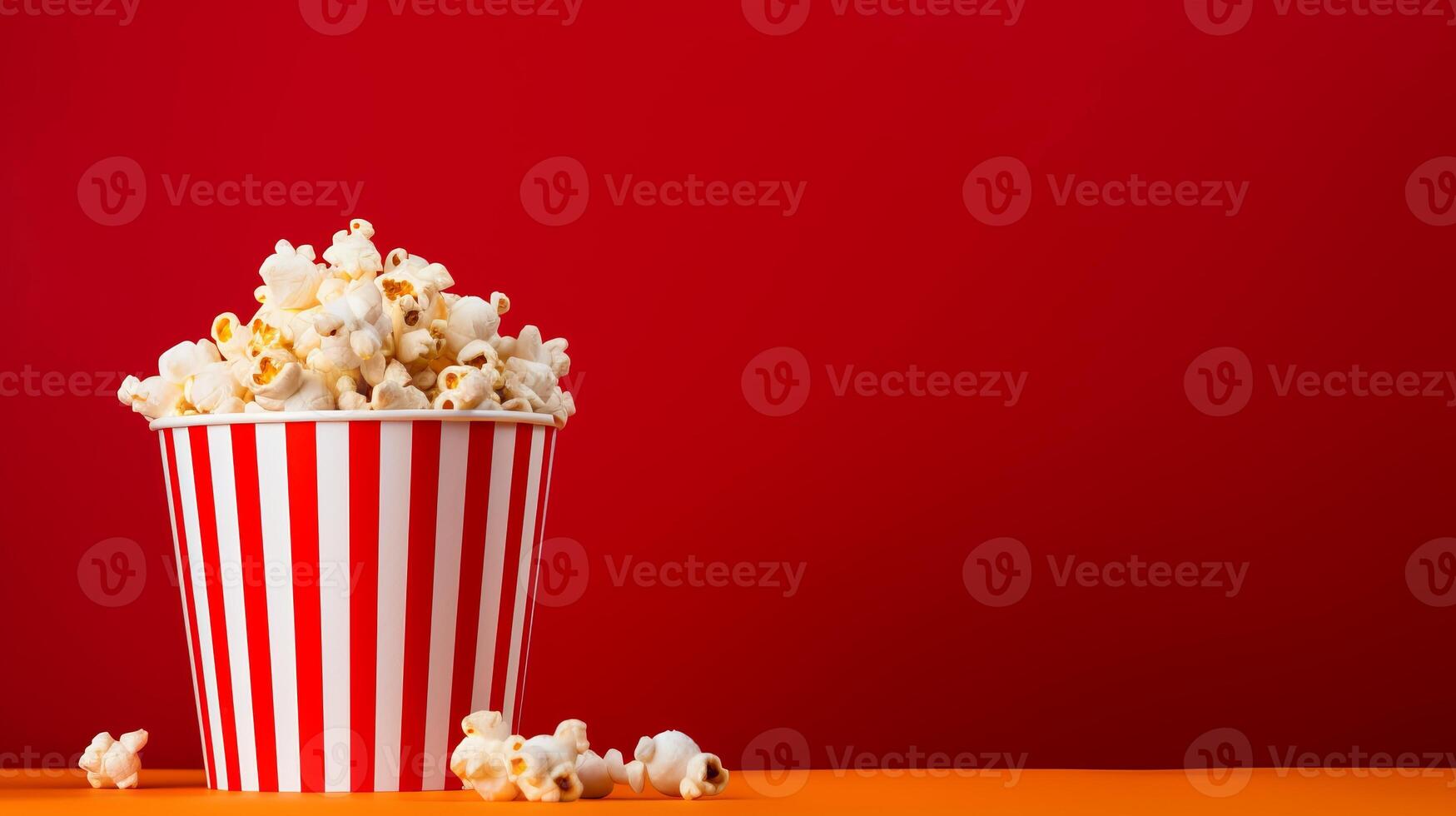 AI generated Striped popcorn box with fresh corn on red gradient background, ample empty space for copy design photo