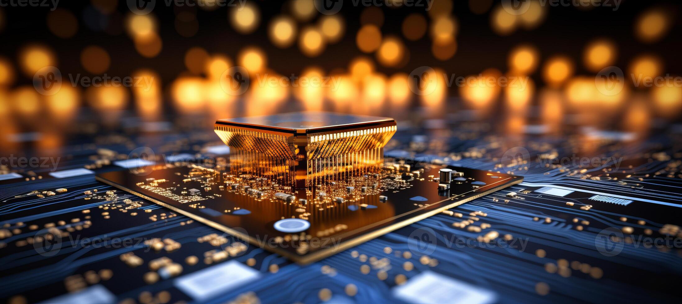 AI generated Close up of intricate circuitry and glowing components on computer chip with dreamy bokeh background photo