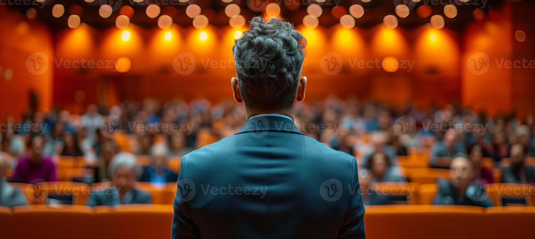 AI generated Professional speaker at business conference and presentation, view from behind audience photo