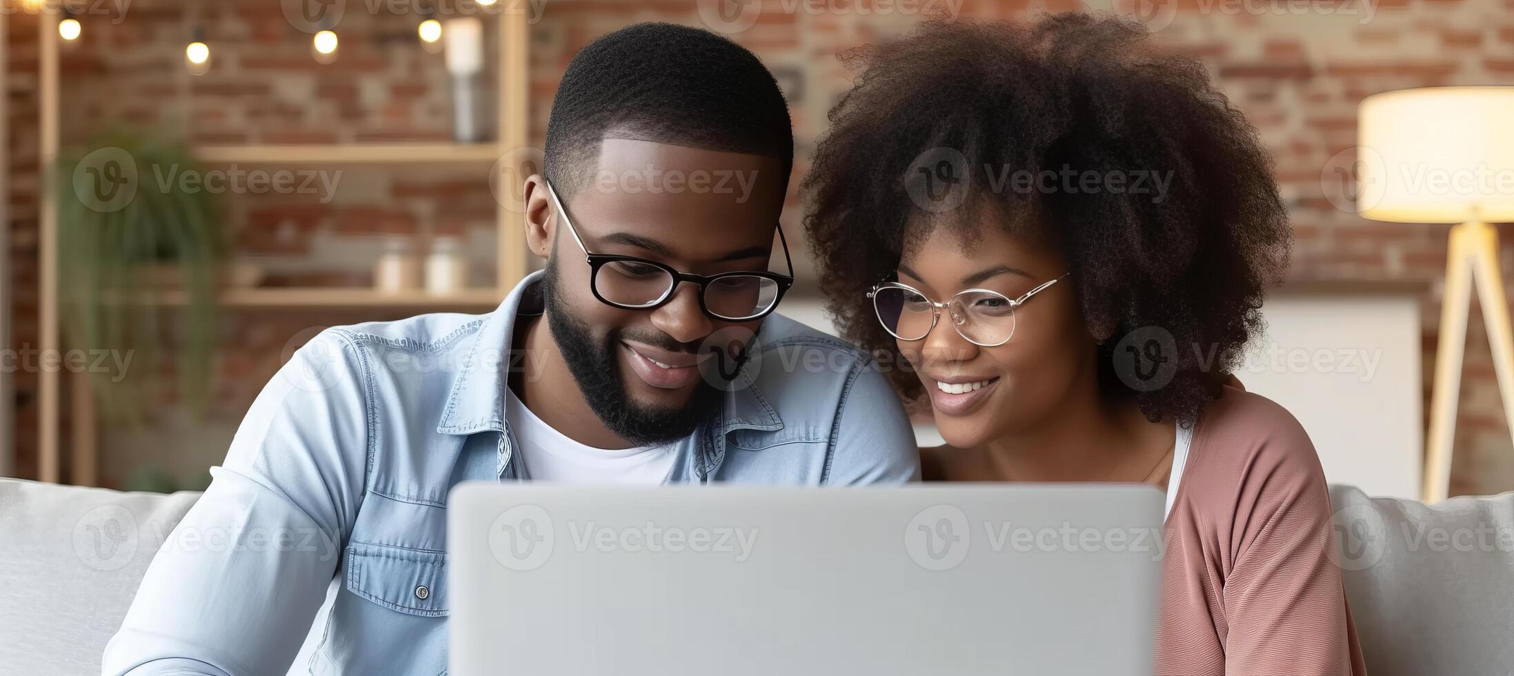 AI generated Multiracial young couple enjoying leisure time, watching laptop together on the sofa at home photo