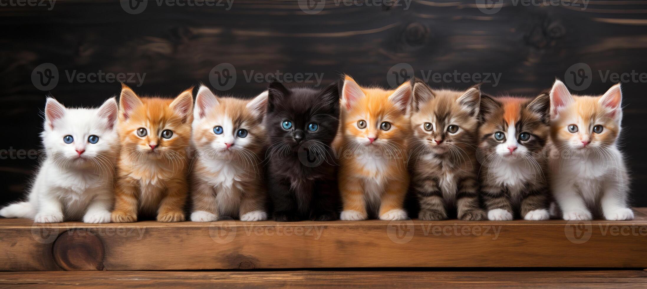 ai generado surtido de linda y vistoso gato gatitos sentado juntos en un fila, adorable felino compañeros foto