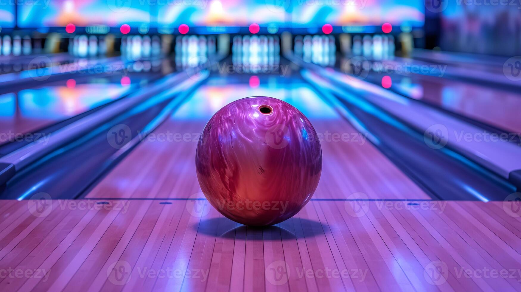 AI generated Bowling strike  ball crashing into pins on alley line during sports competition or tournament. photo