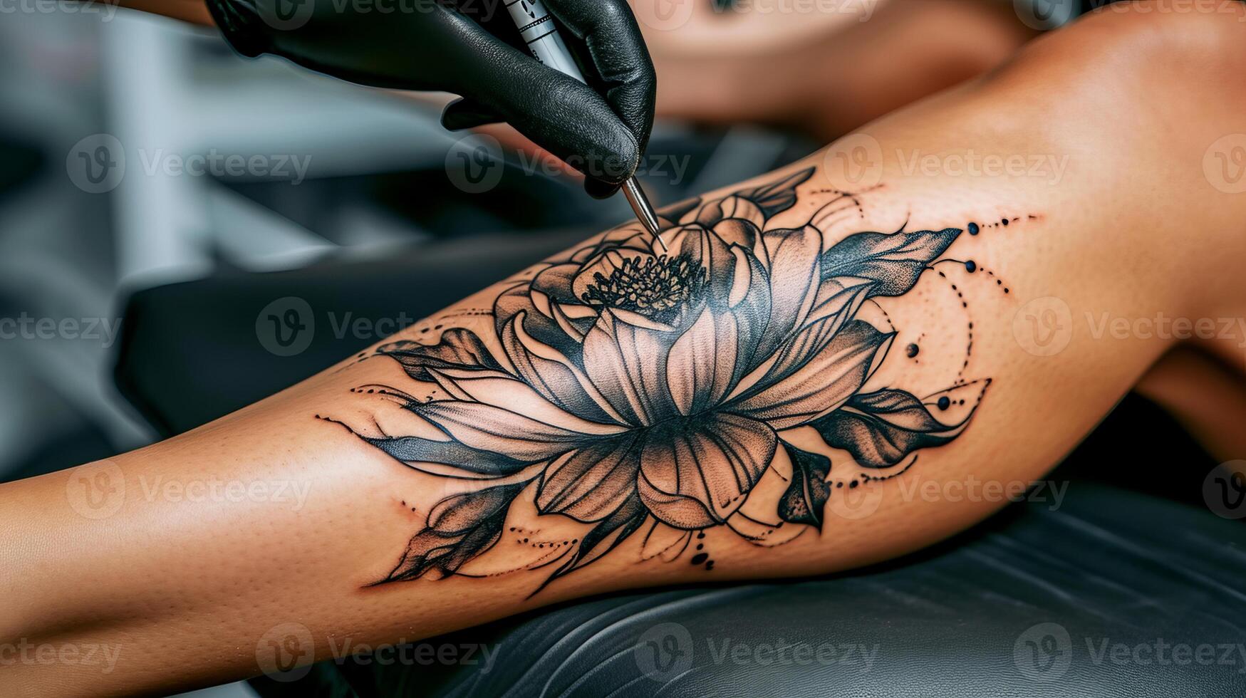 AI generated Experienced tattoo artist creating unique leg design for confident and stylish woman photo