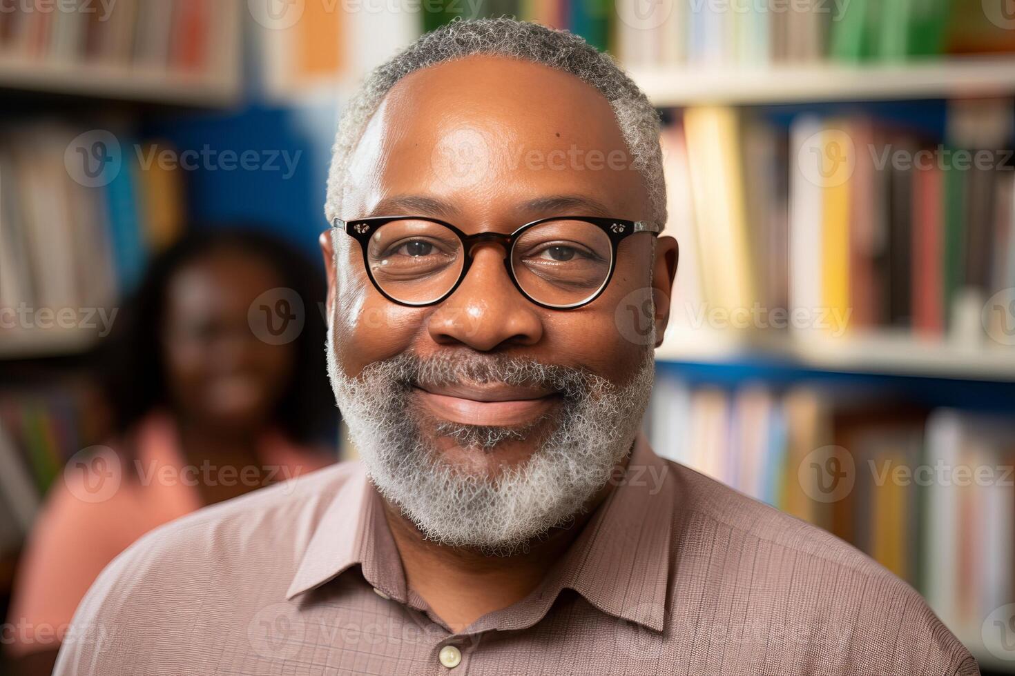 AI generated Smiling male teacher in elementary school classroom with engaged students in the background photo