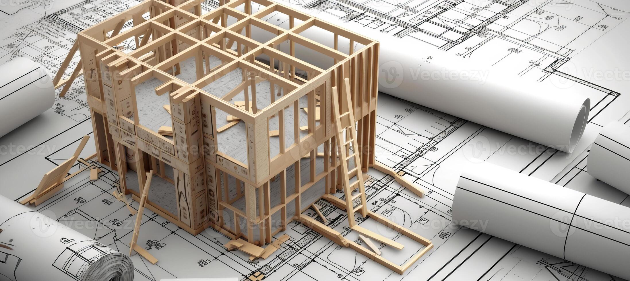 AI generated Wooden frame house model under construction on blueprints with space for text placement photo
