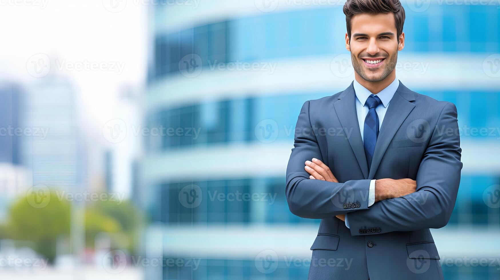 AI generated Professional businessman portrait outdoors with blurred business center background and copy space photo