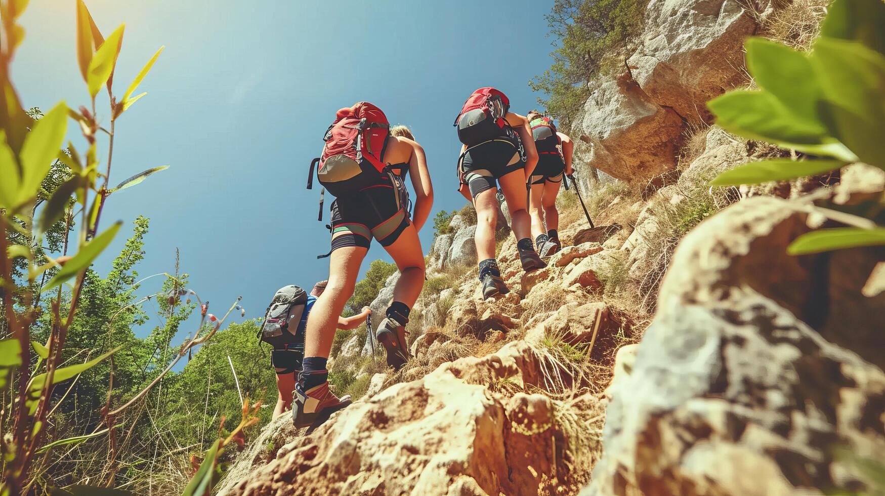 AI generated Friends climbing together, helping each other reach the mountain peak as a team adventure photo